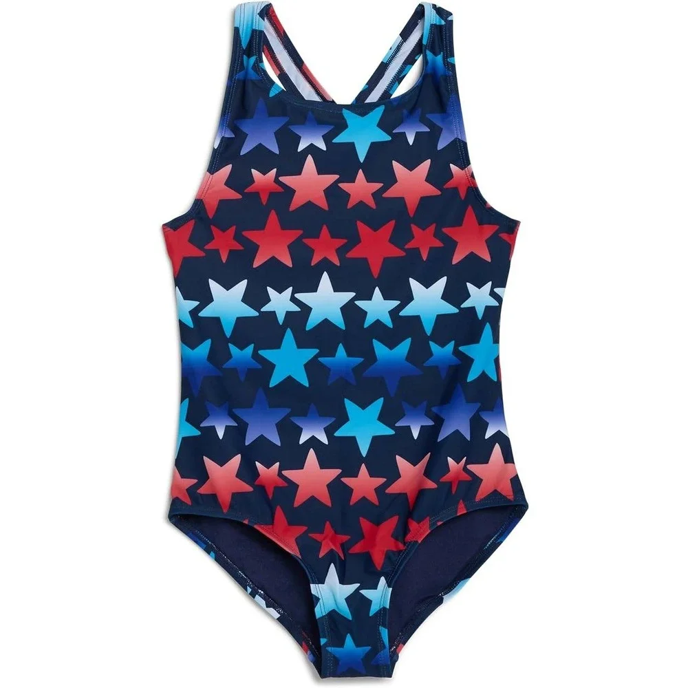 Lands End Girls Star Print One Piece Swimsuit Red Blue White Size M 8 UPF 50+